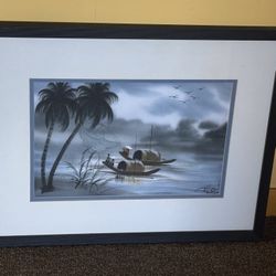 Asian River Scene Signed Painting on Fabric