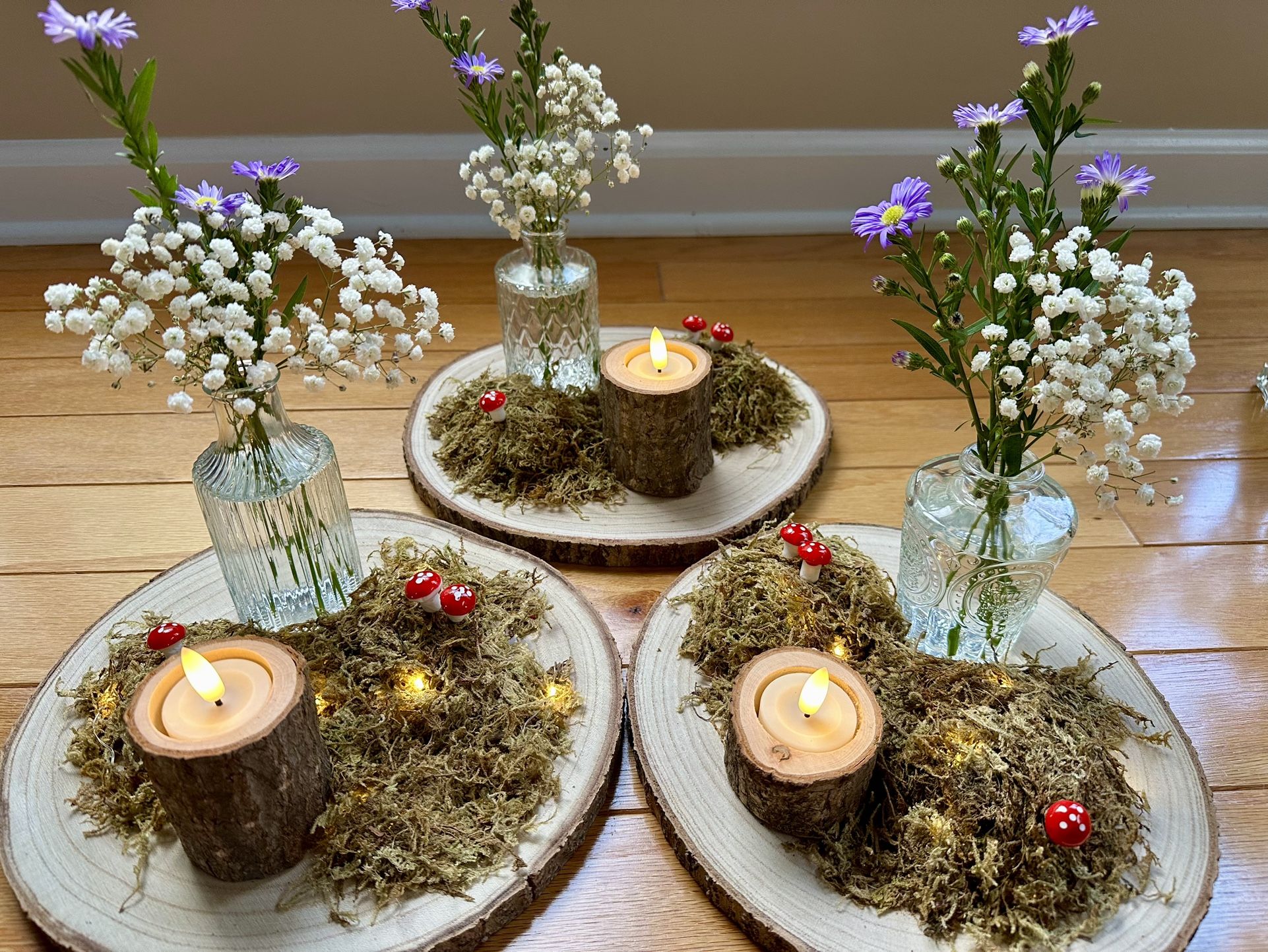 8 Rustic Fairy-Light Centerpieces w/ Table Number Holders – Woodland / Forest Wedding Décor