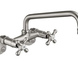 SUMERAIN Chrome Polished Wall Mounted Kitchen Faucet 2 Cross Handle Solid Brass, Vintage Style, 3" to 9" Center, for Commercial Utility Laundry Resta
