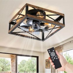 Caged Flush Mount Ceiling Fans with Lights and Remote, Rustic Square Low Profile