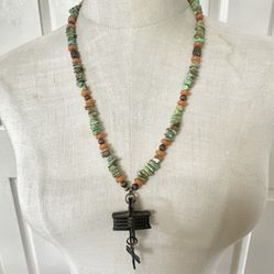Stabilized Turquoise & Carnelian Beaded Necklace with Industrial Cross & Dragonfly Pendant