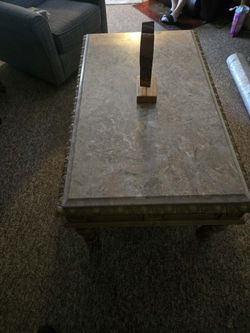 Marble top coffee table and end tables carved
