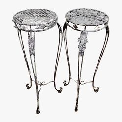 Outdoor Metal Plant Stand Pair In French Motif W Rustic Vintage Finish Garden Decor