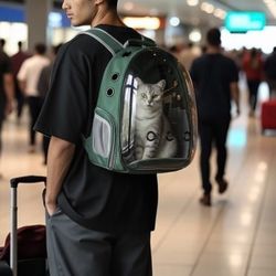 Green-New! Space Capsule Pet Carrier Backpack – For Small Cats & Dogs  Clear Breathable Bubble Window | Airline-Approved | Travel & Hiking Carrier | D