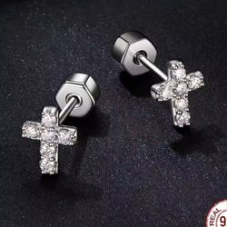 925 Silver - White Gold Plated, Moissanite Cross Earrings
