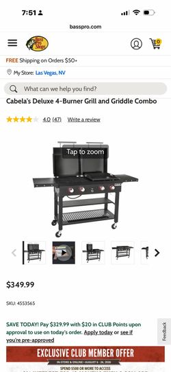 Unopened Cabela's Deluxe 4-Burner Grill and Griddle Combo