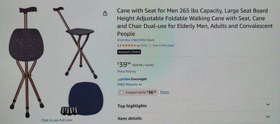 New! Adjustable Foldable Walking Cane With Seat