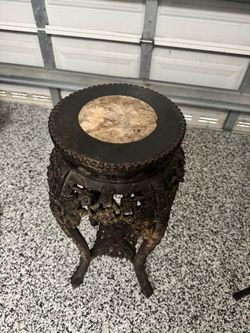 antique Chinese carved hardwood and marble-inset plant stand