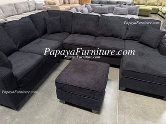NEW LARGE U Shape Sectional Sofa Chenille Fabric Black Dark Grey Modern with Chaise and Ottoman Set Couch Big SALE Discount Furniture Warehouse Ashley