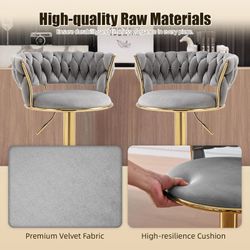 Bar Stools Set of 2, Adjustable Swivel Barstools, Velvet Counter Height Bar Chair with Back and Footrest for Kitchen Island Dining Room Café Pub,Gray
