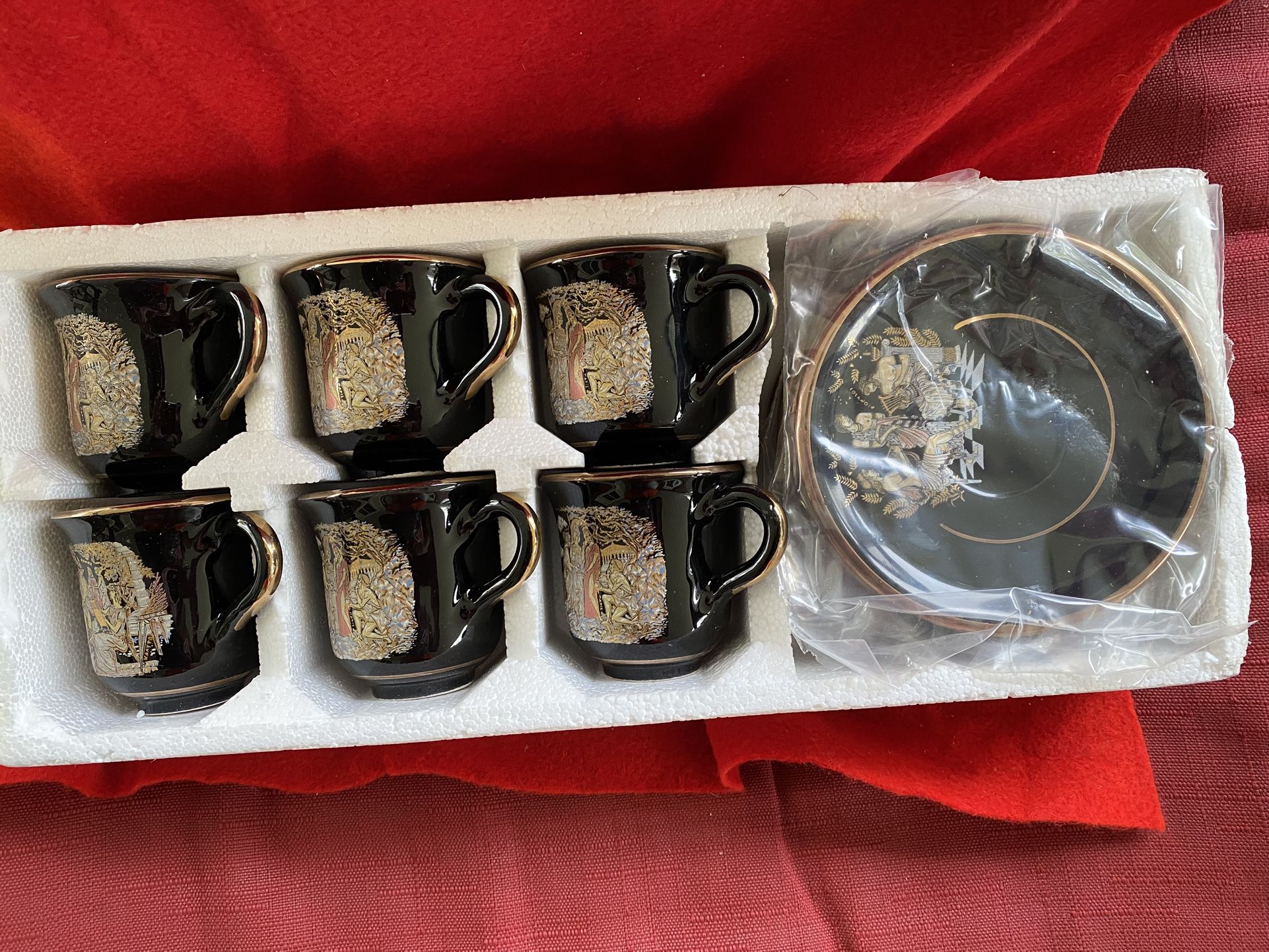 Handmade In Greece 24k Black & Gold Ceramic Cup & Saucer Set Imported From Greece