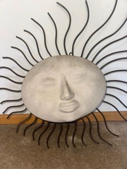 Mid Century Modern Concrete And Metal Starburst Sun/ Moon Face Indoor/ Outdoor Wall Hanging Decor!