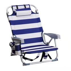 Dttra Folding Backpack Beach Chair, 24.8*25.6*32.28 in, Portable Camping Chairs with Headrest, 5-Position, Blue Stripes