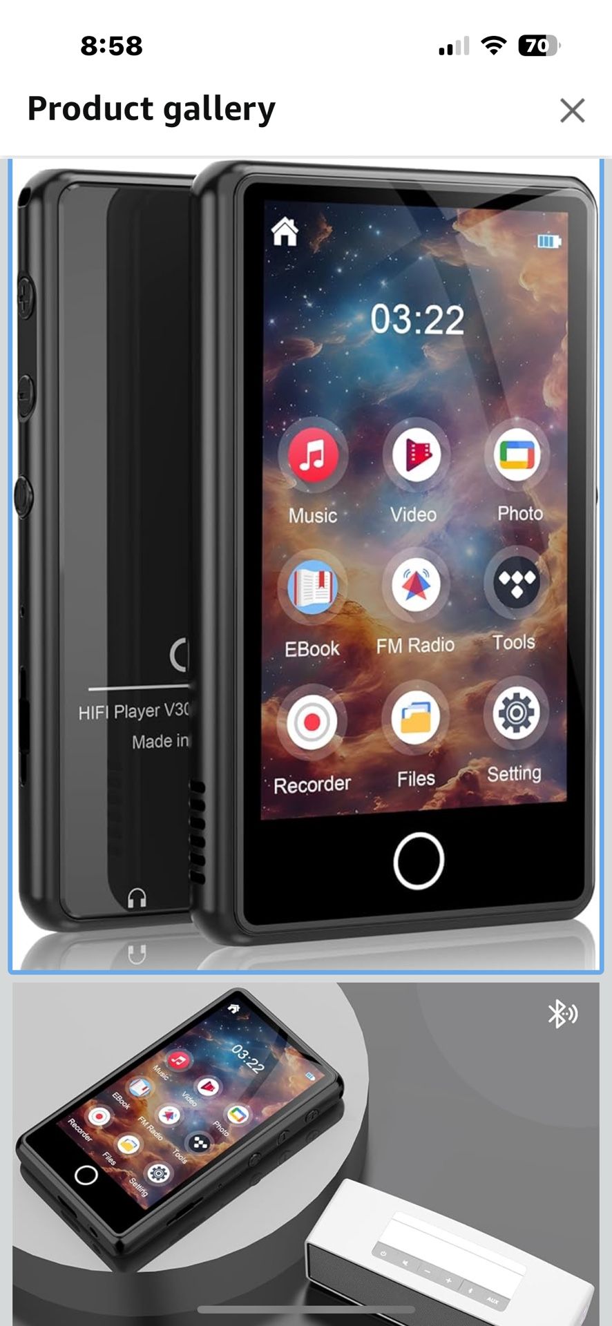 80GB MP3 Music Player with Bluetooth, 3-inch Portable MP4 Player Support All Formats Video with Built-in Speaker, FM Radio, Video, E-Book, Recording.