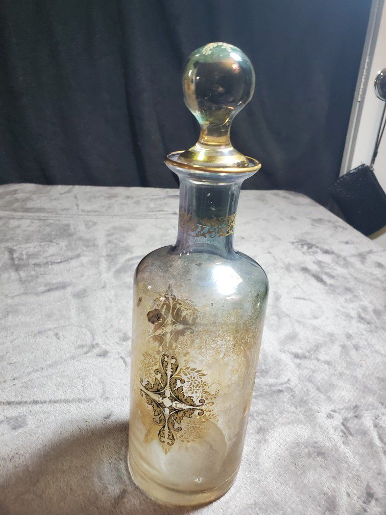 Italian gold painted embossed glass decanter w stopper