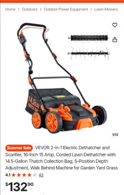 VEVOR 2-in-1 Electric Dethatcher and Scarifier, 16-Inch 15 Amp, Corded Lawn Dethatcher with 14.5-Gallon Thatch Collection Bag, 5-Position Depth Adjust
