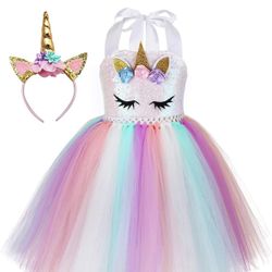 Unicorn Halloween Dress With Headband For 4-6 Years Girl