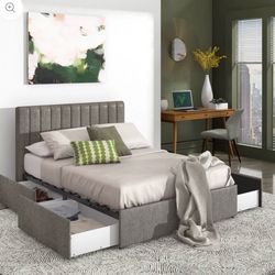 New Full Size Gray Upholstered Storage Platform Bed with Channel Headboard