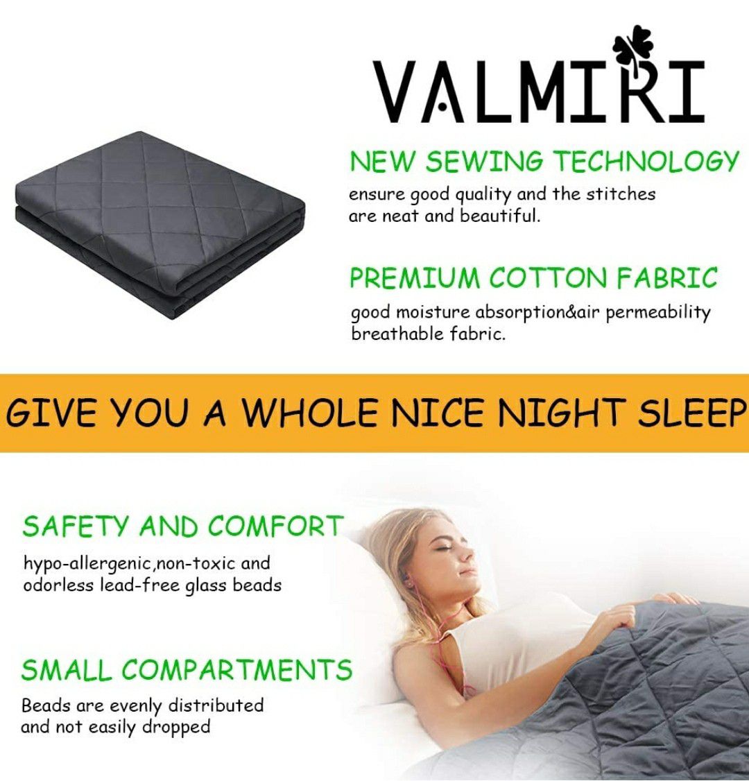VALMIRI Weighted Blanket 60" x 80" 15 lbs - Queen Size 100% Organic Cotton with Glass Beads Heavy Blanket Provide Comfortable Sleep Quality, Gray