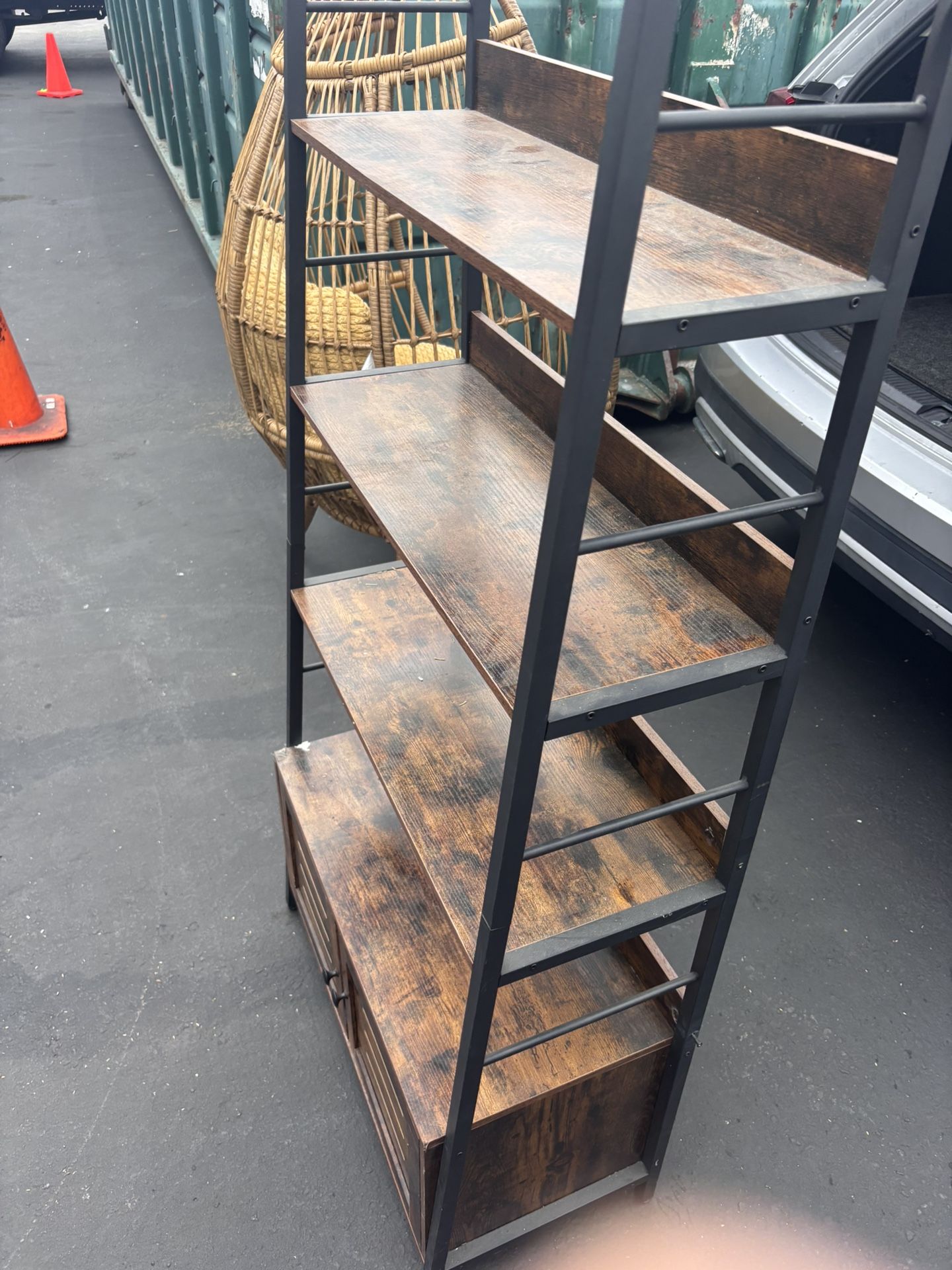 Bookshelf with Louvered Doors, 3-Tier Ladder Shelf with Cabinet