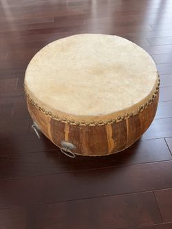Large Antique Drum, Hand Carved With Natural Hide Covering.