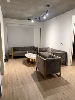 Gray and gold couches and coffee table