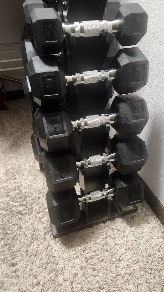 CAP Barbell Rubber Coated Dumbbell Weight Set with Vertical Rack