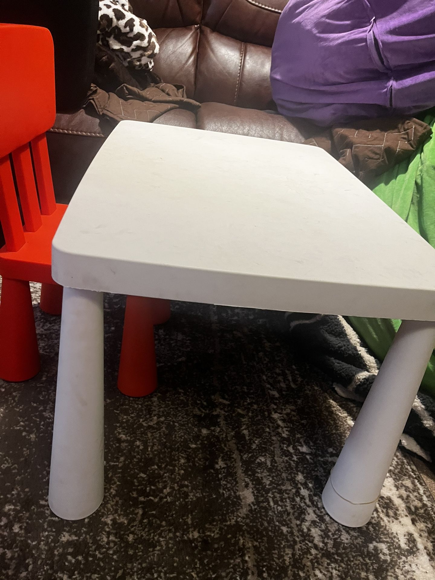 IKEA Table 2 Red Chairs 2 Yellow Stools