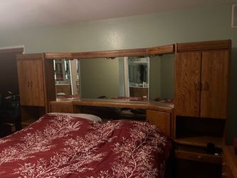 Oak wall unit with dresser and mirror