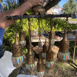Antique Chandelier Ceiling Light Brass Filigree Foyer Jeweled Prisms Pendant Hollywood Regency Bruta