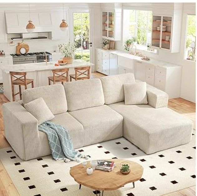 Cloud Beige Boneless Couch with L-Shape Right-Facing Chaise, Modular Sectional Sofa with Deep Seat