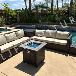 NEW🔥Outdoor Patio Furniture Set Brown Wicker Beige Cushions with 30" Firepit ASSEMBLED