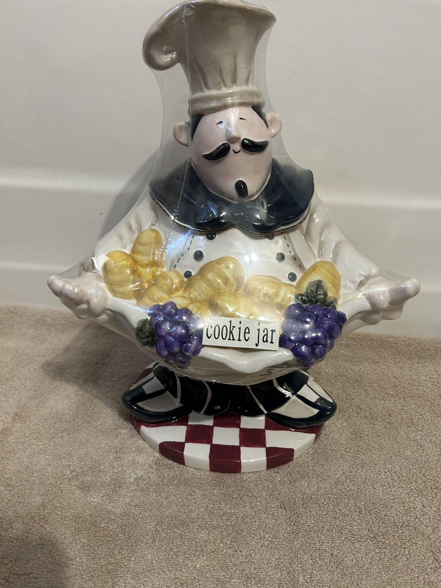 Bistro Chef Cookie Jar (New) Where His Collar Is The Opening Of Cookie Jar Measures: 14” (L) Base 7” (W), Middle Of Jar 10”(W) Ceramic