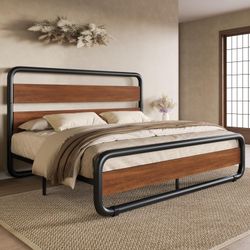 SHA CERLIN Full Size Metal Bed Frame with Wooden Headboard and Footboard, Heavy Duty Platform Frame with Under-Bed Storage, Noise Free, No Box Spring 