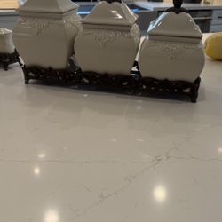Ceramic Canisters With Metal Stand Matching Salt And Pepper 