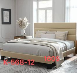 （M-568-12）King Size Platform Bed Frame with Fabric Headboard/Fully Upholstered Mattress Foundation
