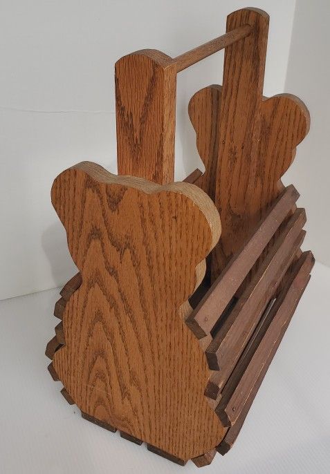 VTG Wood Basket Teddy Bear Book Holder Slat Storage Caddy Organizer Primitive MCM Country Decor