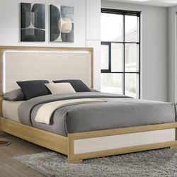 **SALE** New Wood Queen LED Panel Bed in Natural and White Finish