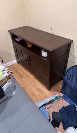 TV DESK hard wood furniture with drawers and sable holes, dark oak wood
