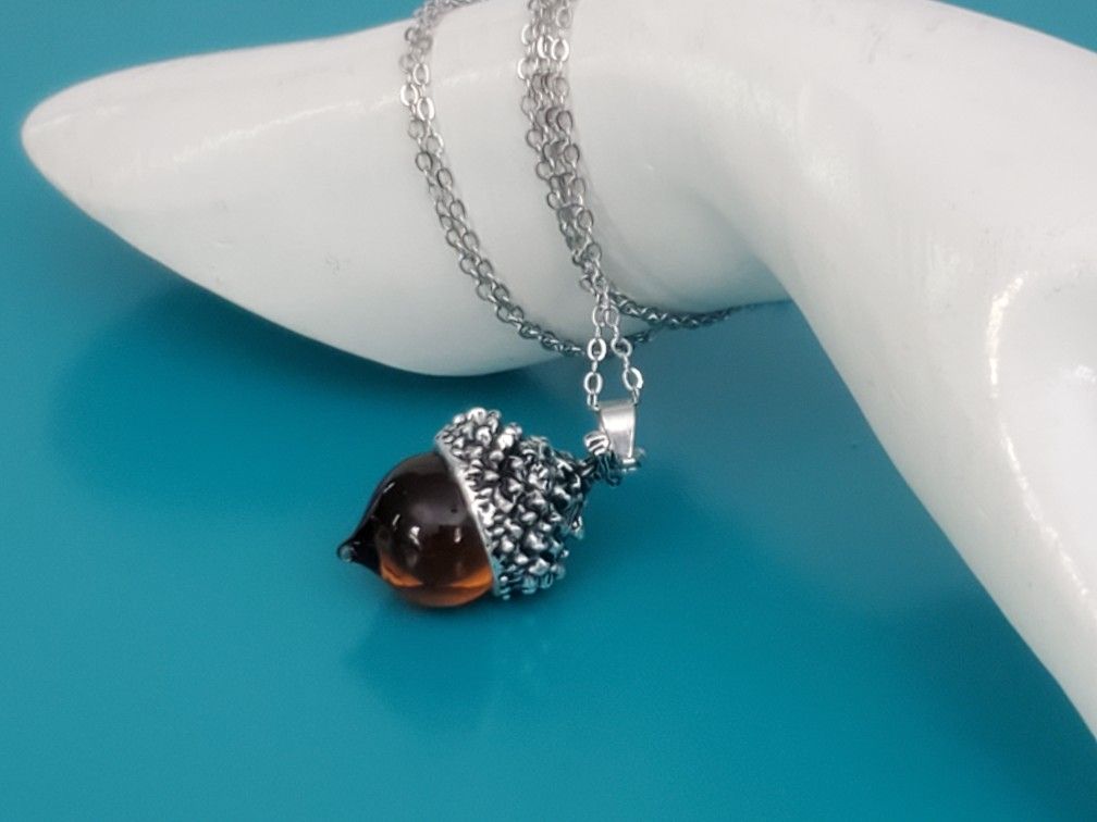 Glass Acorn Necklace With Silver Tone Metal Cap And Chain