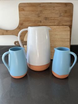 Set Of Ceramic Anthropologie Milk and Creamer Pitchers 