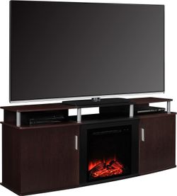 Electric Fireplace TV Console for TVs up to 70" Cherry, living room with the Carson Coffee Table, End Table, & Audio Stand