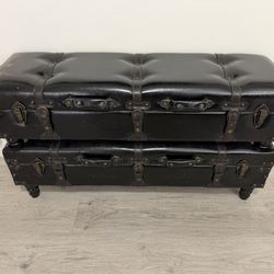 Vintage Black Leather Storage Trunk Ottoman Set (2) - Tufted Top w/ Metal Hardware