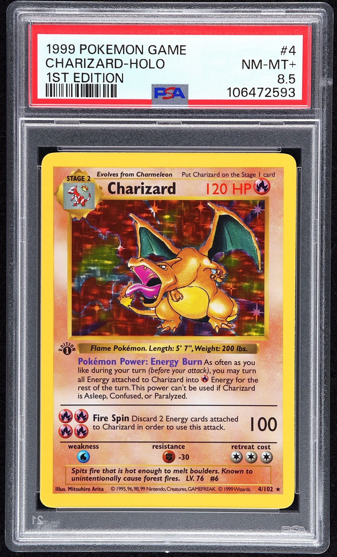 PSA 8.5 1st Edition Charizard Holo Shadowless Base set Pokémon Card Mint