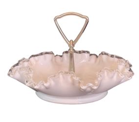 Vintage Fenton Silver Crest Candy Dish Ruffled Hobnail Milk Glass Stem 7.75" x 5"