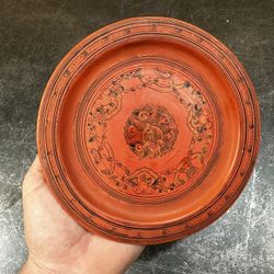 Burmese Antique Lacquer Plate Tray Antique 19th C Engraved Gilded Design