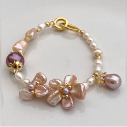 B13-Handmade Double Pink Flowers And Purple Edison Bracelet