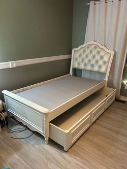 White Twin Bed Frame with Trundle and Tufted Headboard