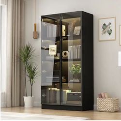 2 Black Display Cabinets With Tempered Glass Doors and 3-Color LED Lights
