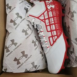 Under Armour Banshee Mid MC Men's Lacrosse Cleats, Red/White, Size 11.5